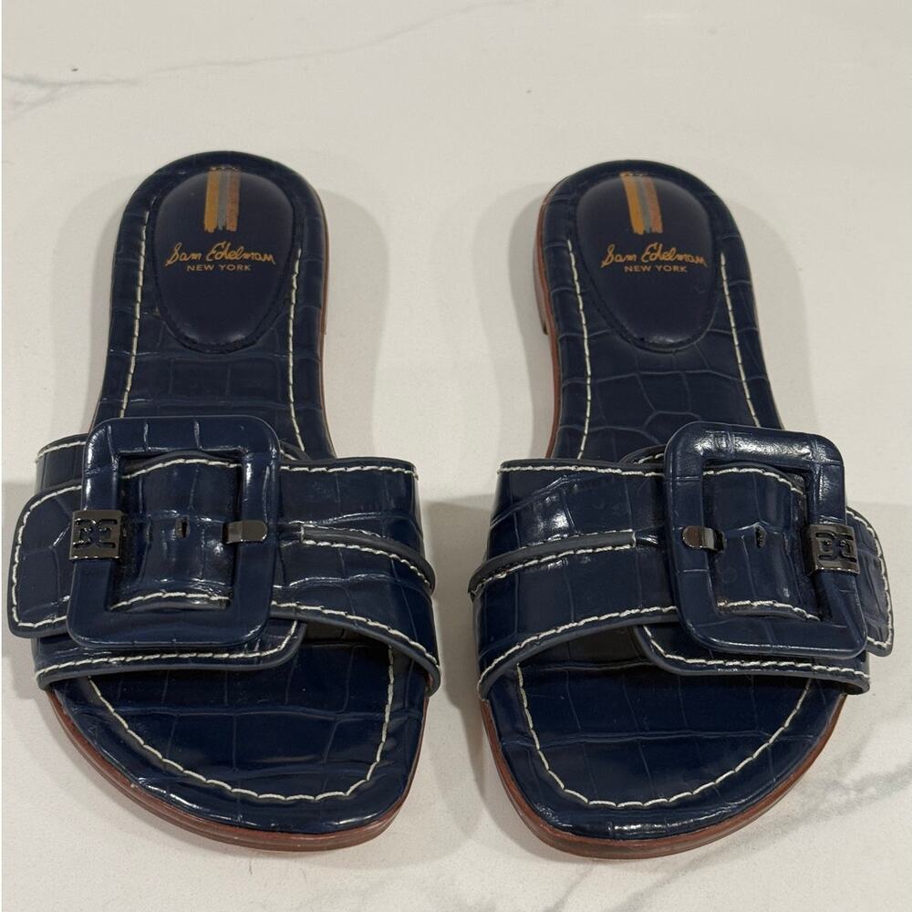 Sam Edelman Navy Croc Embossed Buckle Slide Sandals Women's 7.5 Flat Square Toes